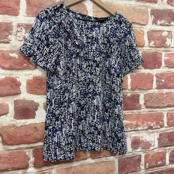 Banana Republic Top Women's S Blue Multicolor Floral Abstract Pleated Neck Shirt - Picture 2 of 8